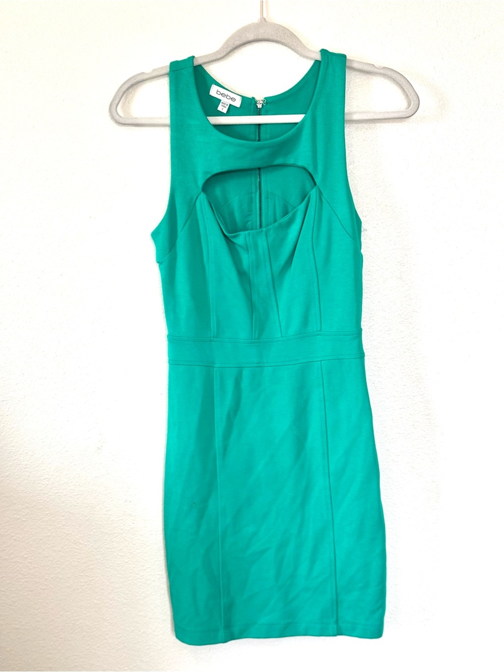 Bebe Bodycon Mini Dress Cut Out Front Teal Green Sleeveless Size S Small - Picture 2 of 10